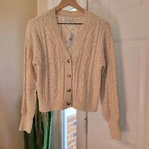 NWT Loft Speckled Cable Knit Chunky Beige Cardigan, Size Womens S Long Sleeve‎
